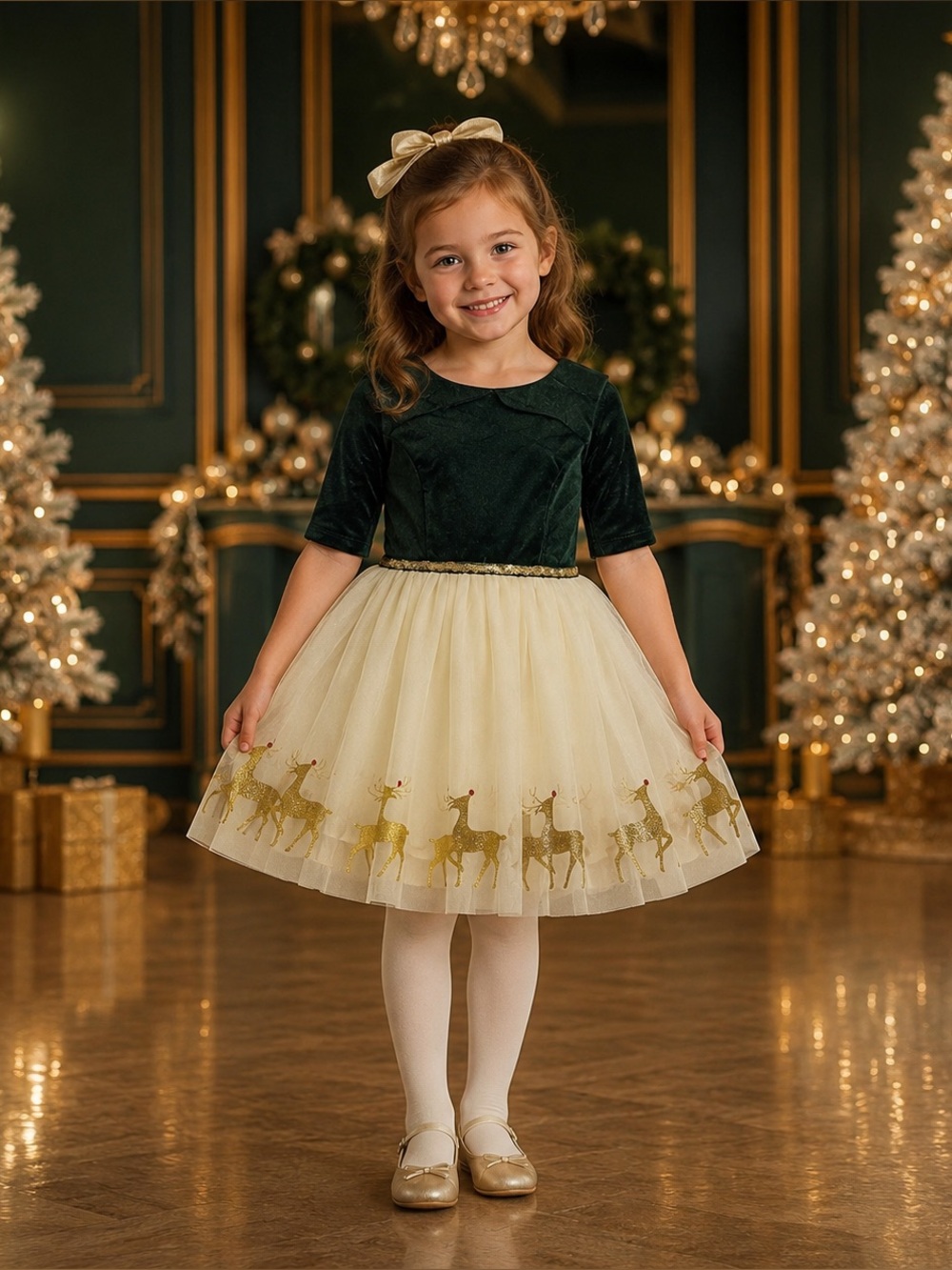 Lilt Girls’ 4/5 Emerald Velvet Gold Reindeer Christmas Dress